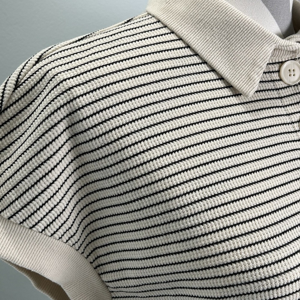 Atelier By Kirious Small Woman Boxy Cropped Short Sleeve Polo Beige Black Stripe - Picture 4 of 8